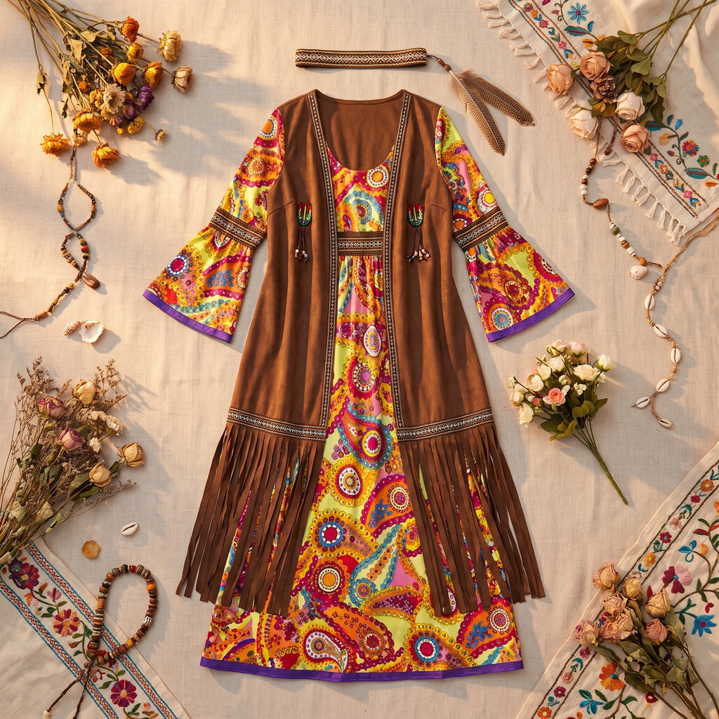 Vestido largo de estampado psicodélico y chaleco de flecos en ambiente cotidiano