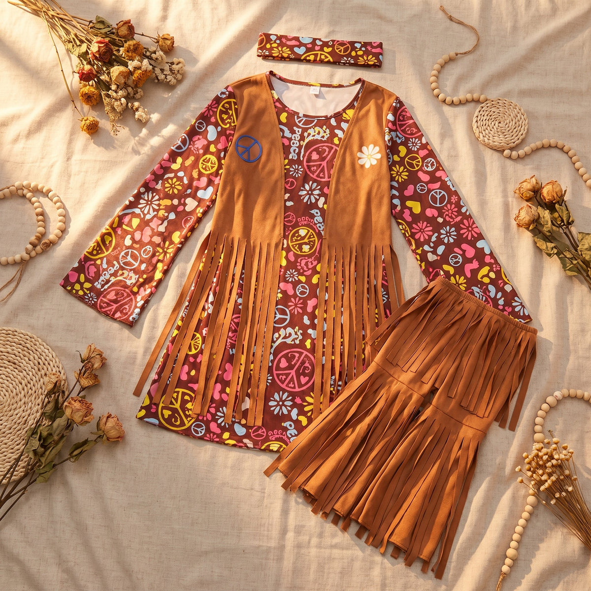 Burgundy printed dress with caramel fringe vest and matching gaiters