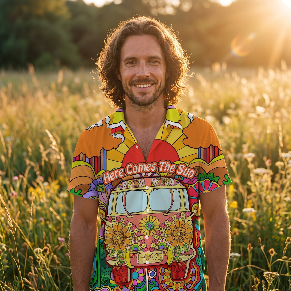 Herre hippieskjorte med psykedelisk van-print båret af en model