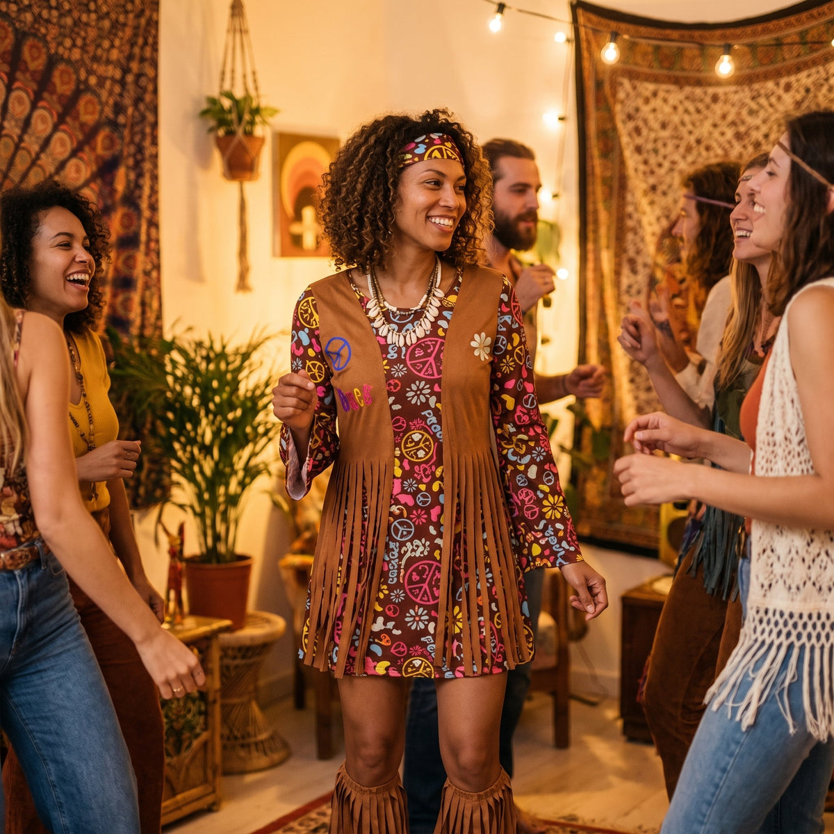 Woman wearing the peace and love fringe hippie costume