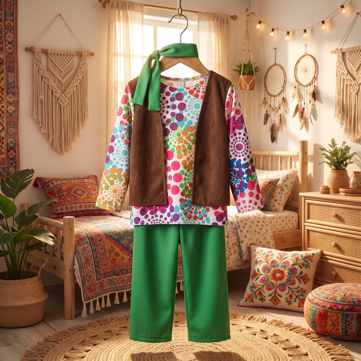 Boy's hippie costume with polka dot tunic and brown vest