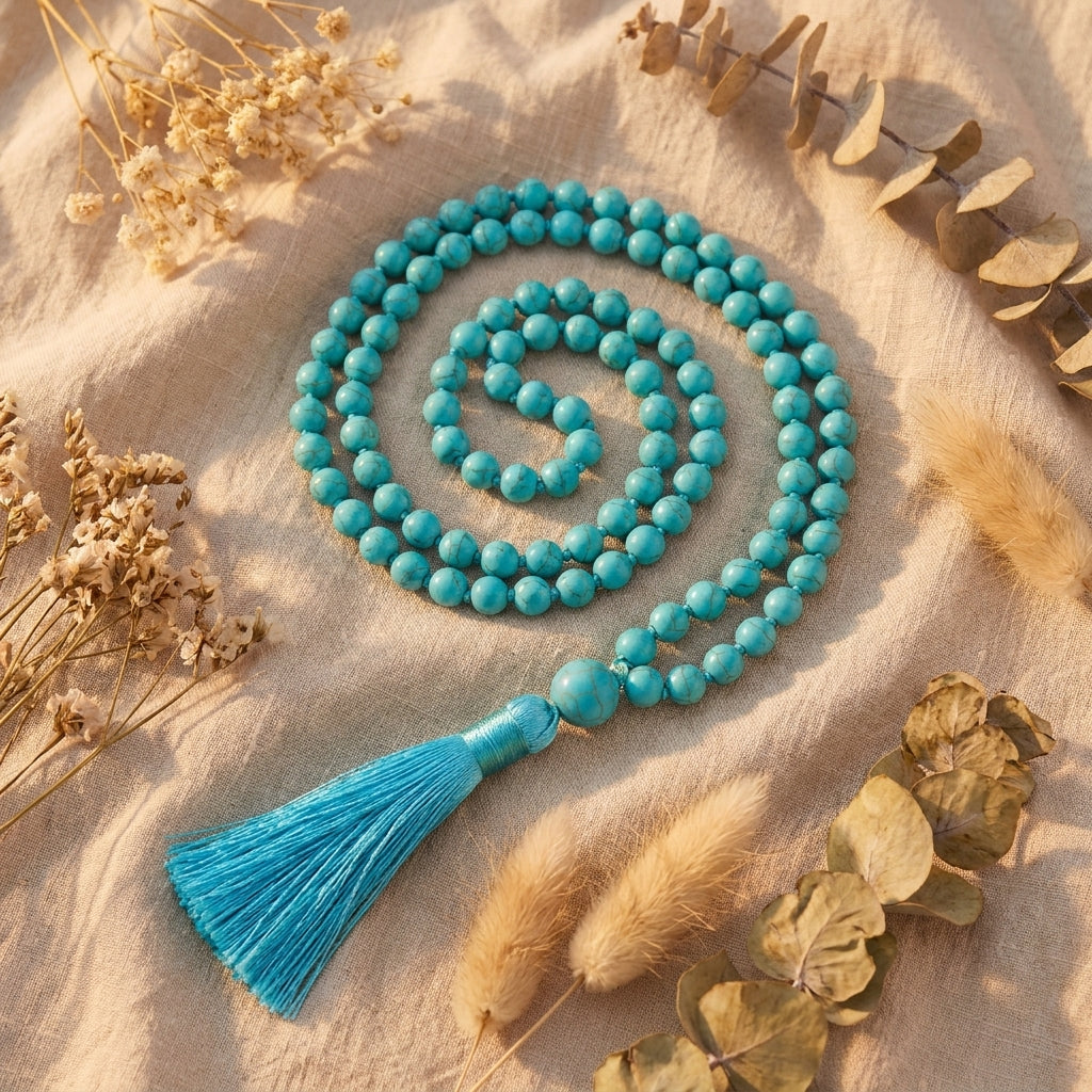 Turquoise mala necklace laid on linen in a boho setting