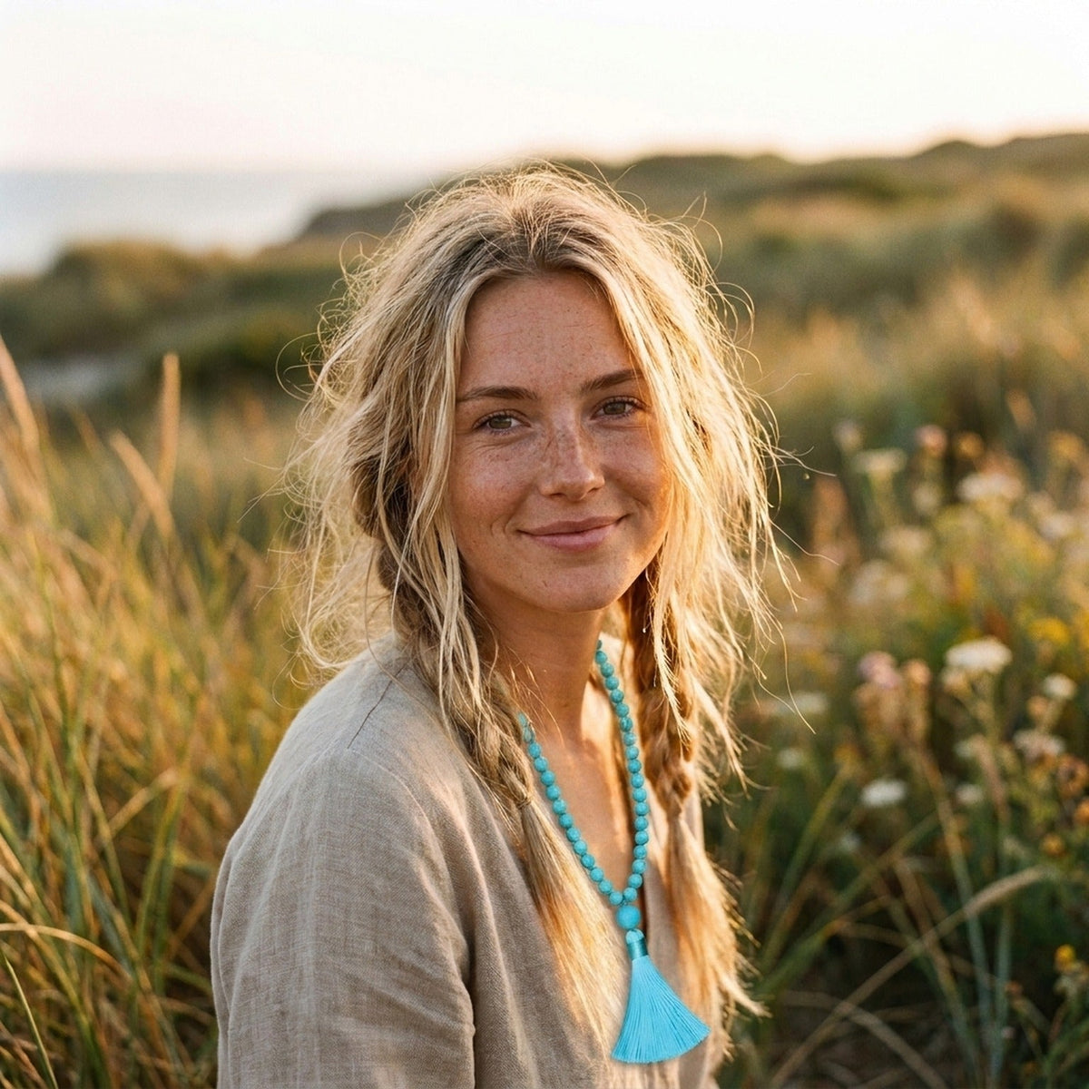 Smiling woman wearing the long turquoise necklace in a natural boho setting