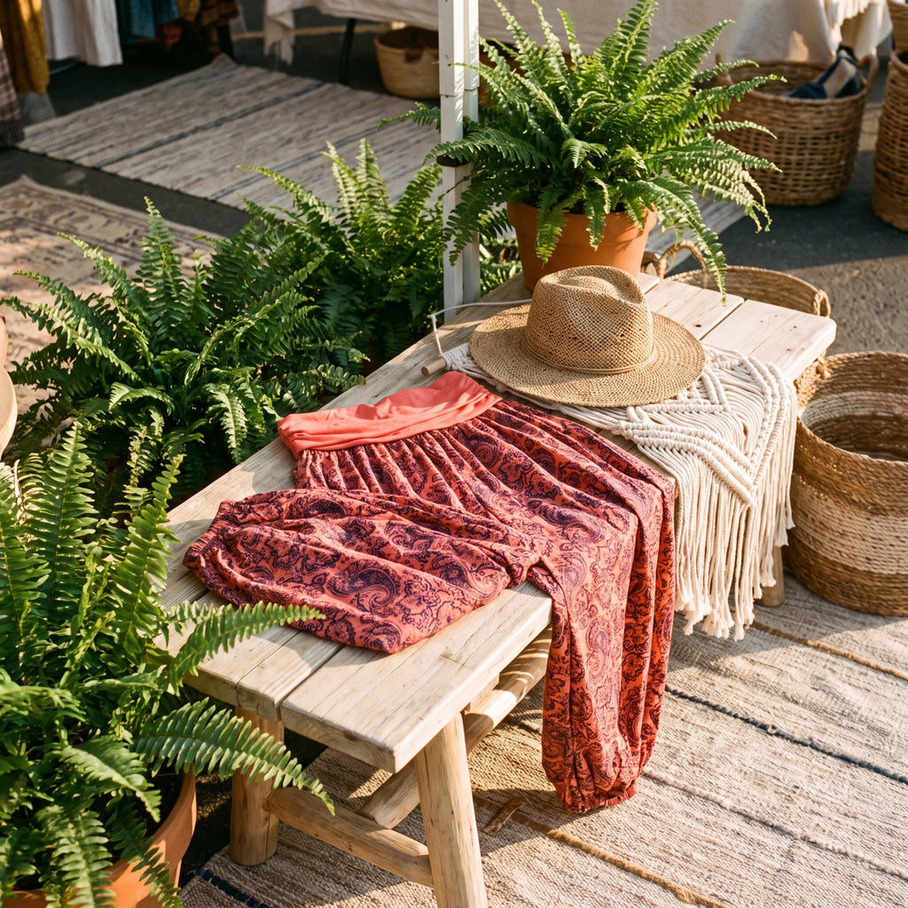 Red paisley harem pants set on a bench in a boho setting