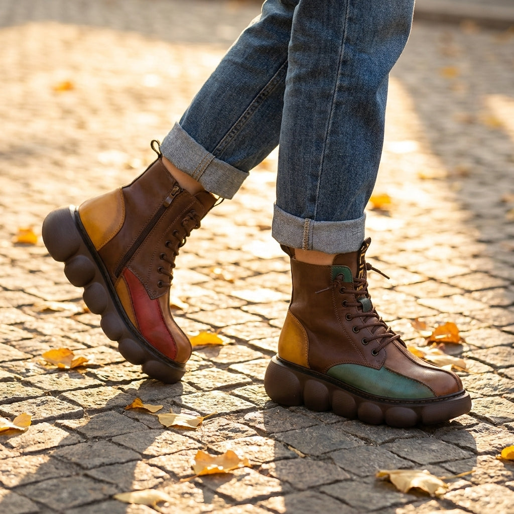 Multicolor boho platform boots worn in an autumn setting