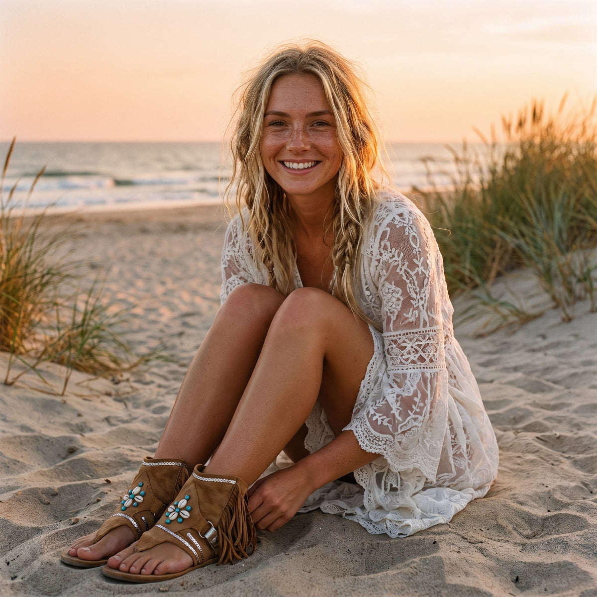 Smiling boho woman wearing the fringed hippie boot-sandals