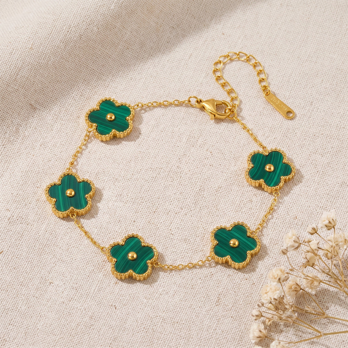 Green enamel five-petal flower bracelet with gold bead and chain