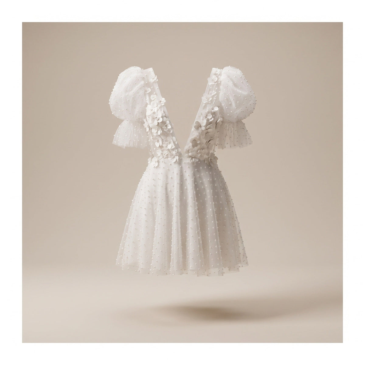 Ghost mannequin studio view of the short hippie wedding dress