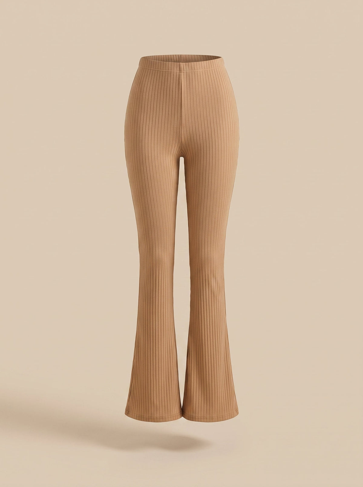 Ghost mannequin view of sand beige high-waisted flared pants