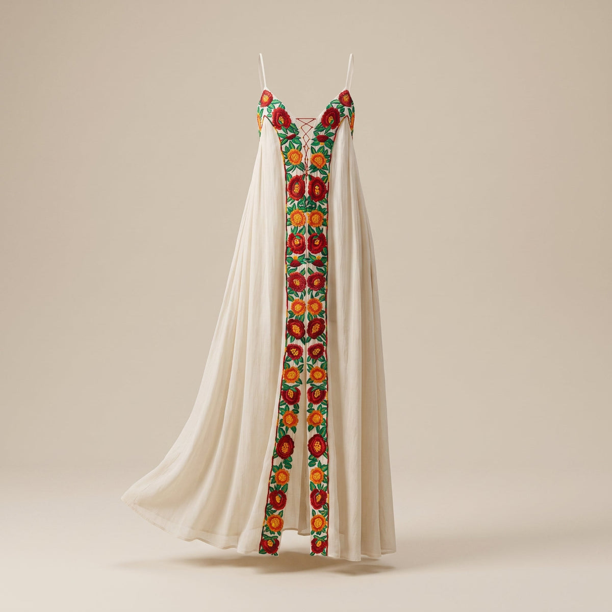 Ivory embroidered maxi dress on invisible mannequin, studio view