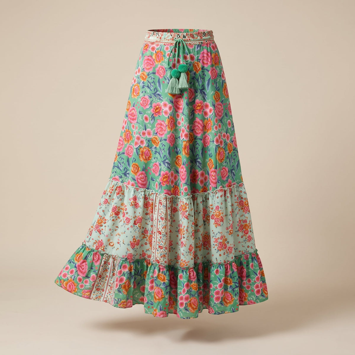 Long floral boho skirt shown on a ghost mannequin