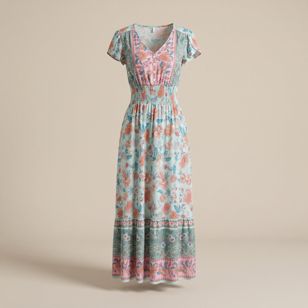 Blomstret boho maxikjole vist på usynlig mannequin i studie