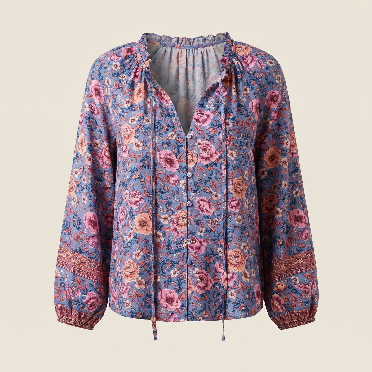 Floral blouse shown on a ghost mannequin