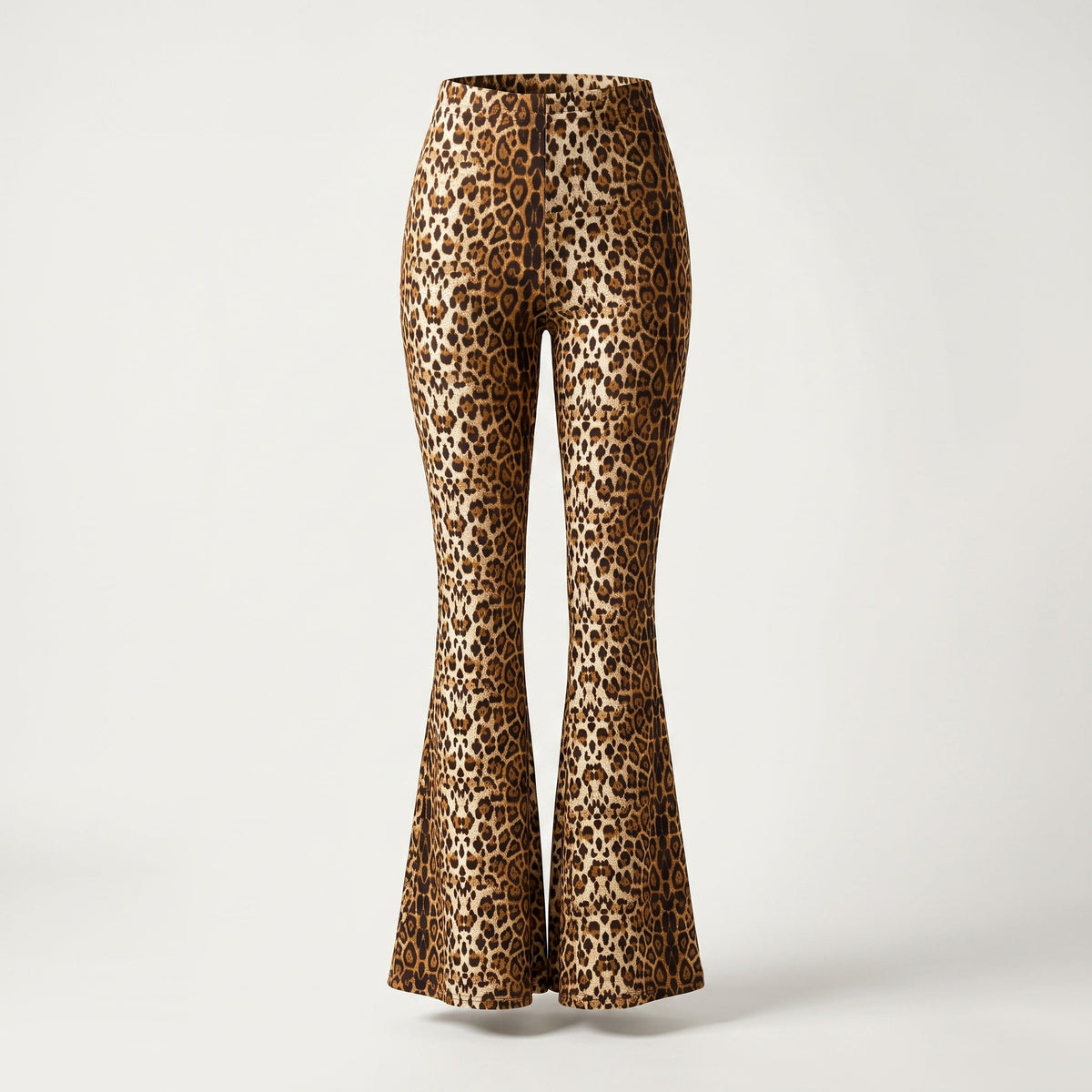 Leopard print high waisted flared pants on a ghost mannequin
