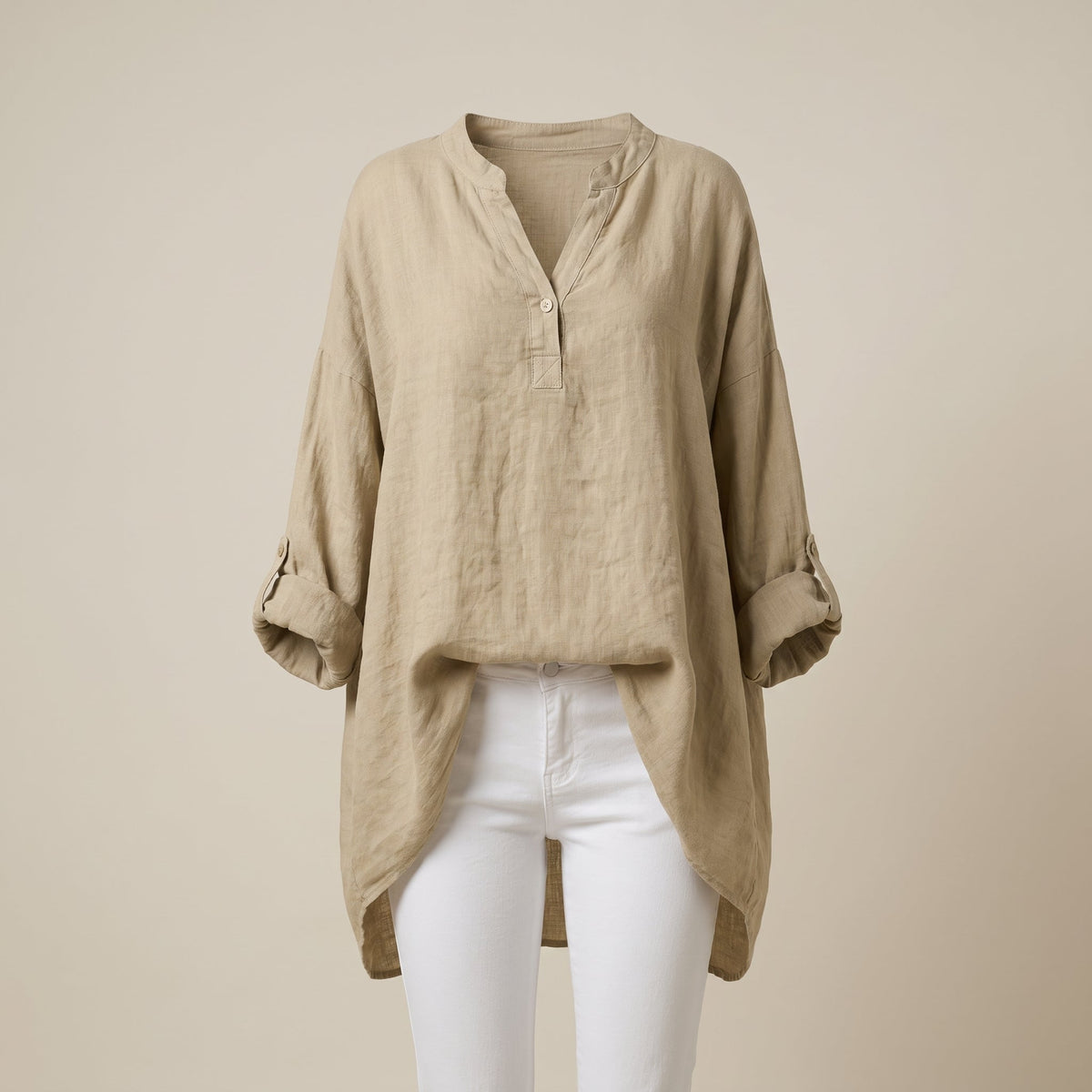 Beige oversized linen blouse with Tunisian V-neck and loose cut