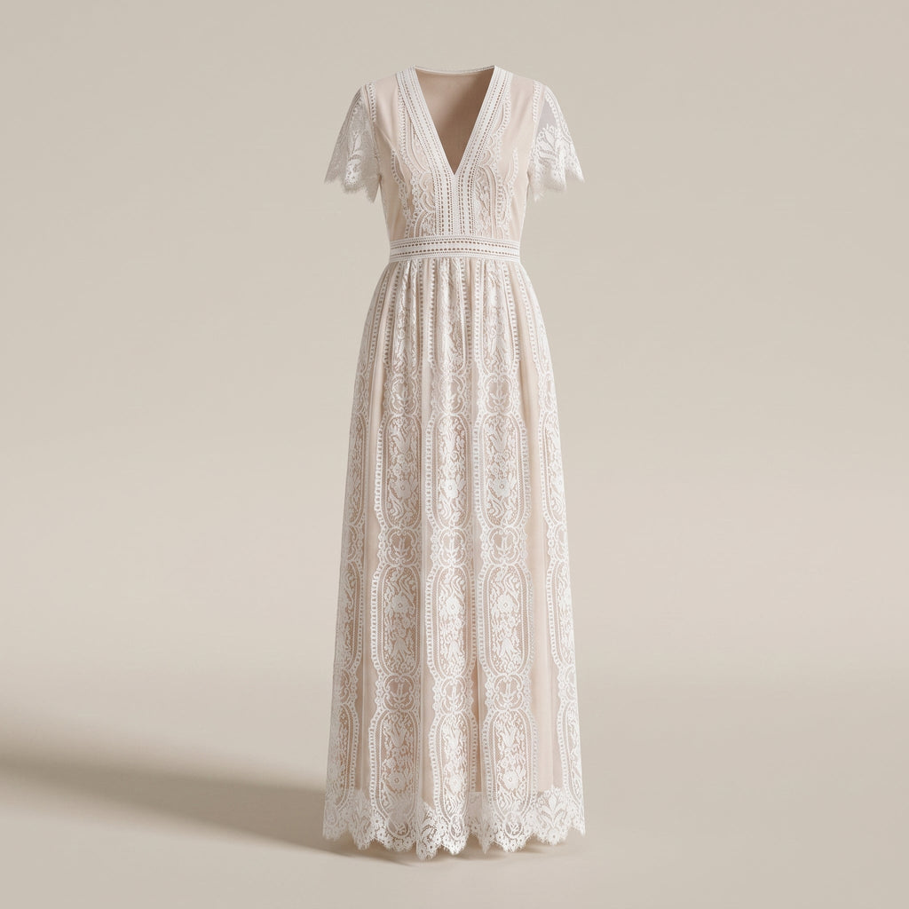 White lace maxi dress shown on a ghost mannequin