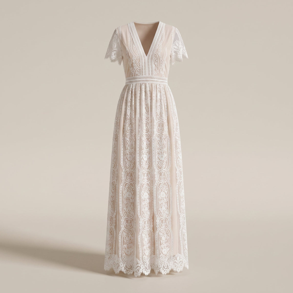 White lace maxi dress shown on a ghost mannequin