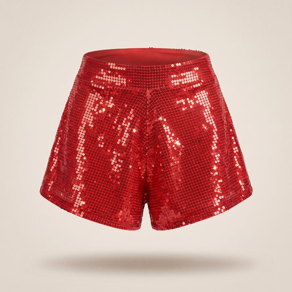 Røde paillet shorts på usynlig mannequin, ecru studiebaggrund