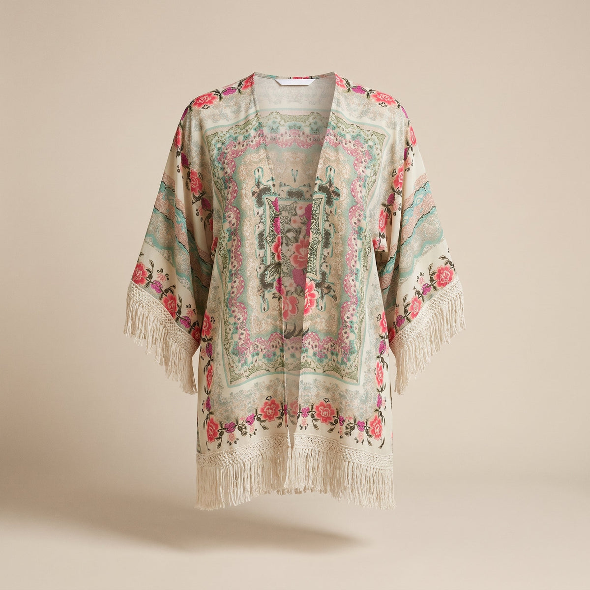 Floral macrame fringe kimono vest, front view on ecru background