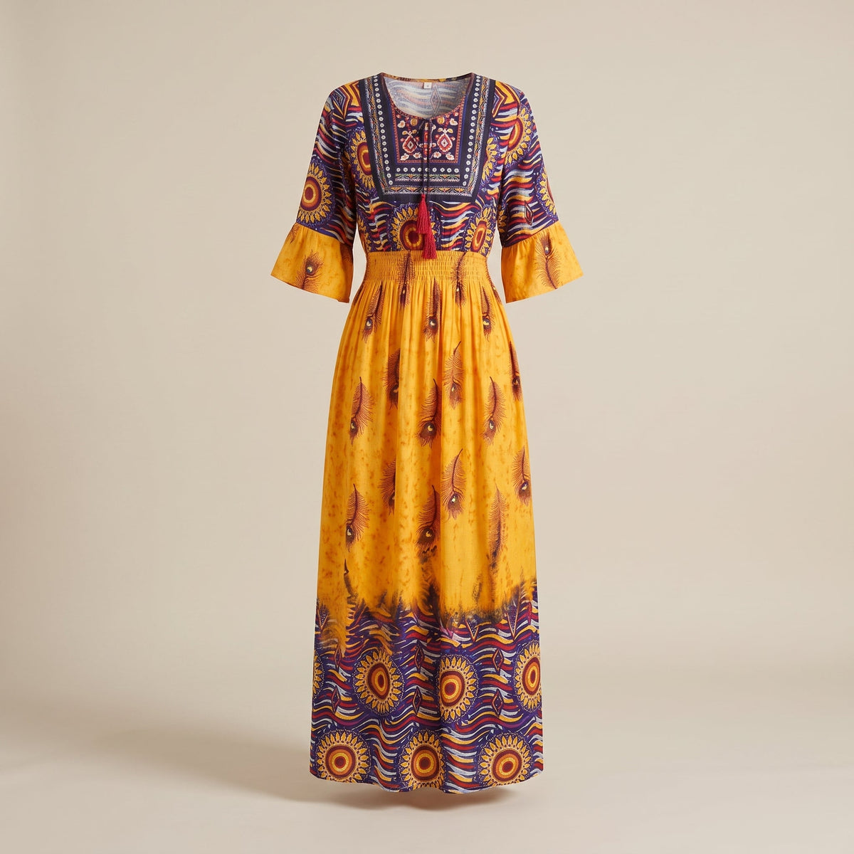 Yellow Indian-style maxi dress with embroidered yoke and mandala border