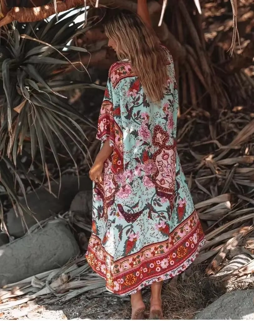 Long Floral Print Hippie Kimono