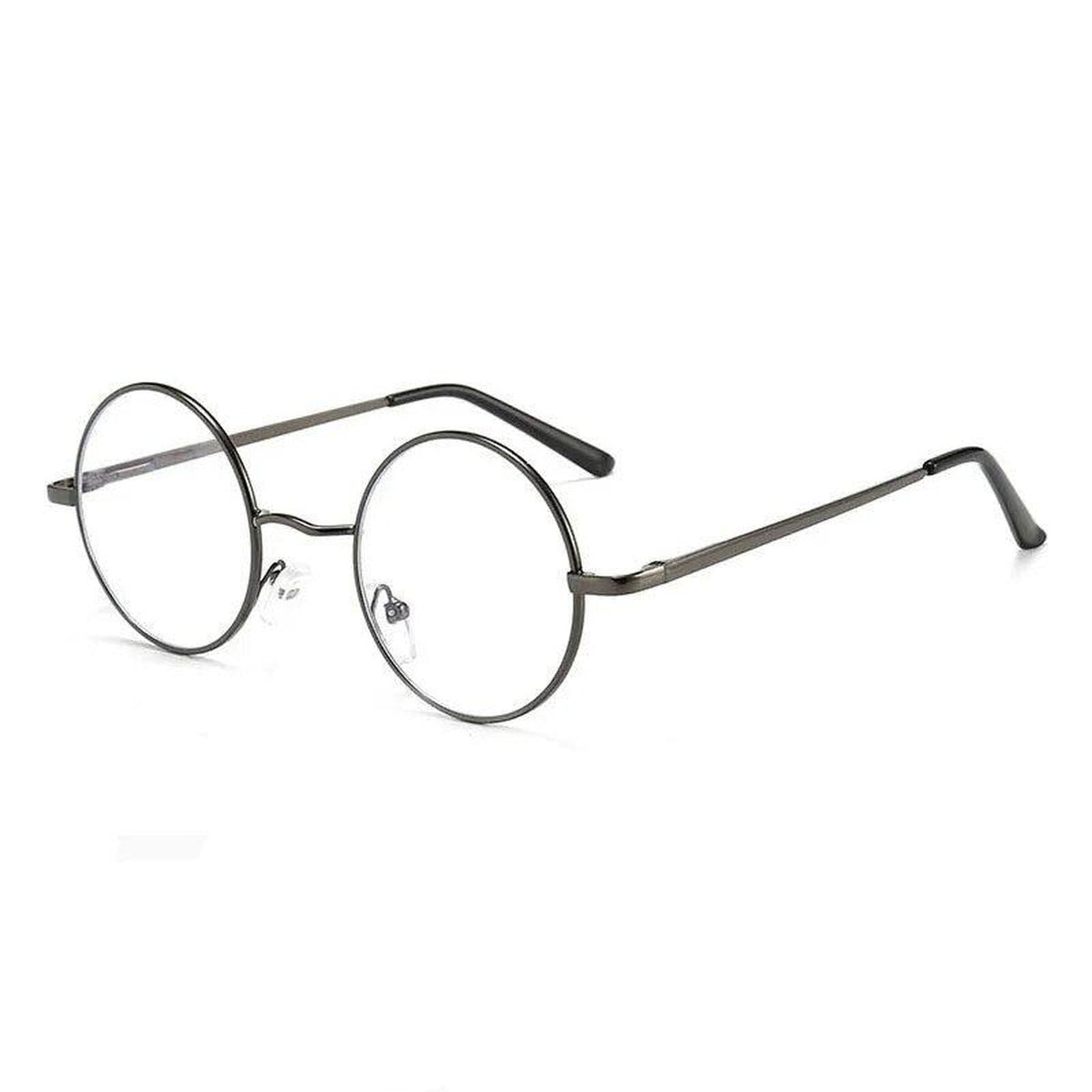 Round John Lennon sunglasses, gunmetal gray frame and clear lenses