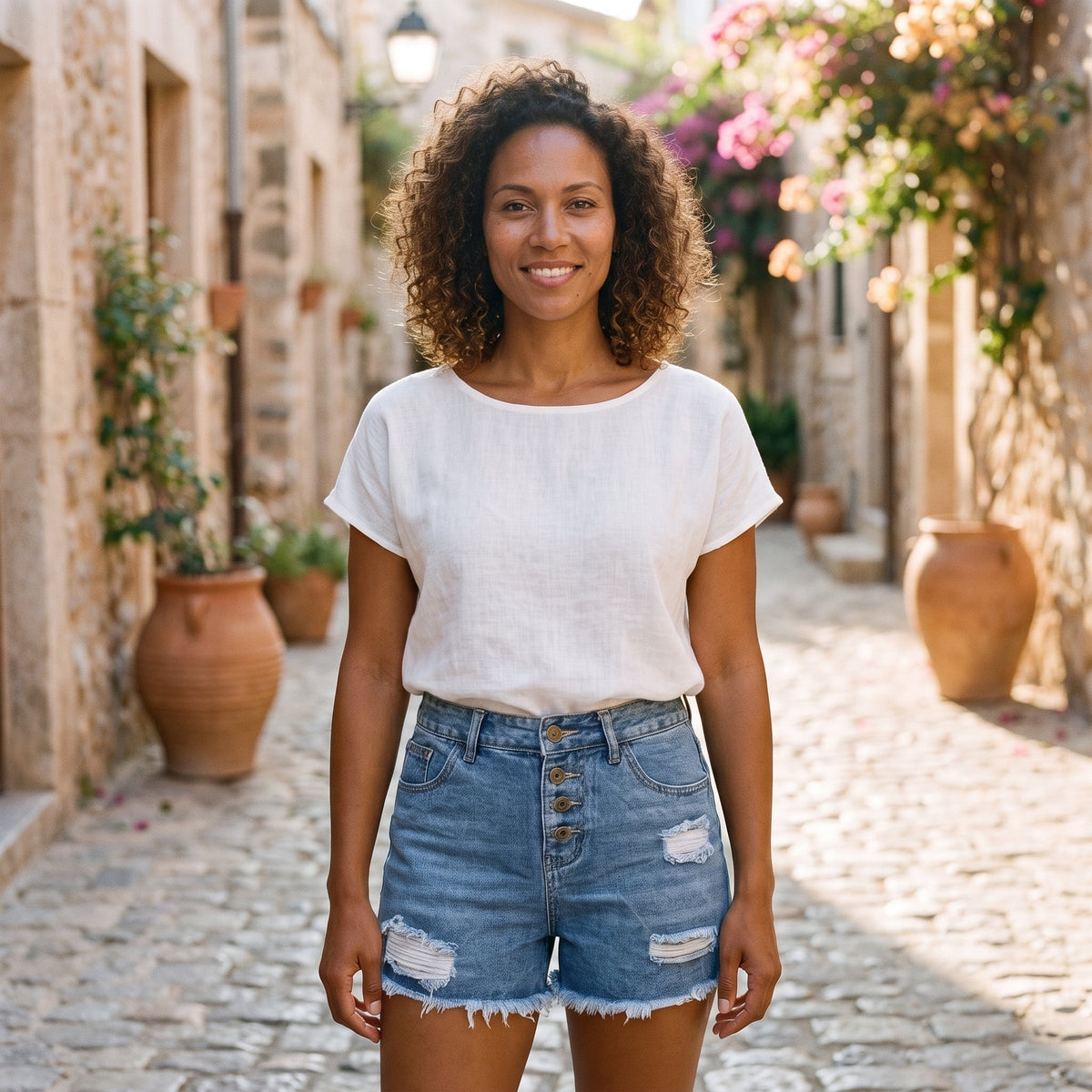 Smilende model iført højtaljede denimshorts med flænger i en gyde