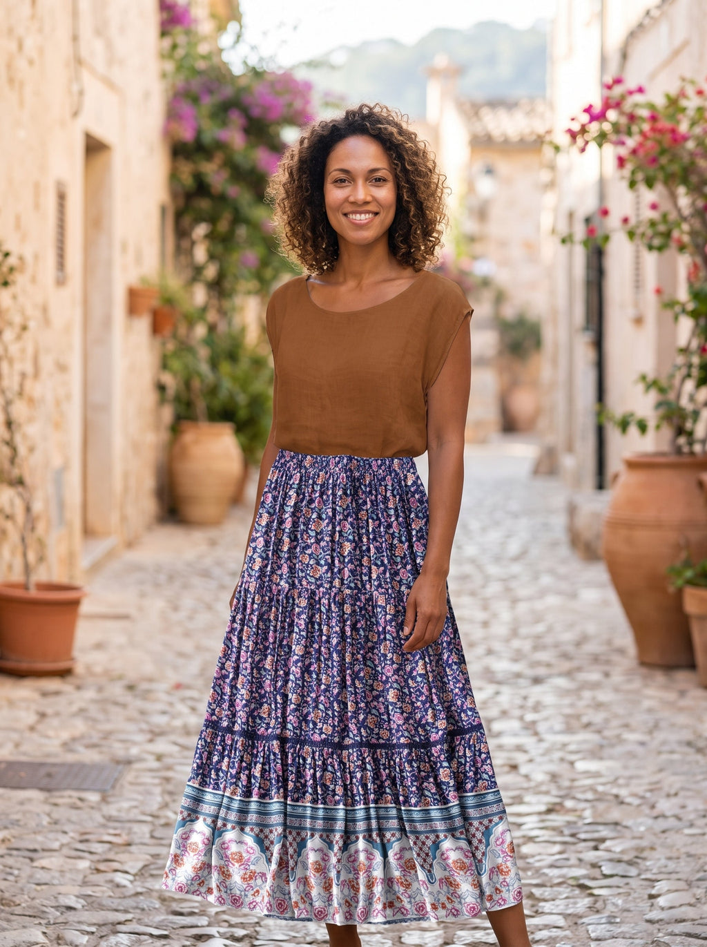 Smilende model iført den lange blomstrede boho-nederdel i en gyde