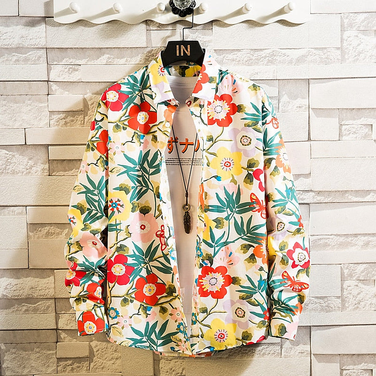 White floral hippie shirt with long sleeves in light cotton