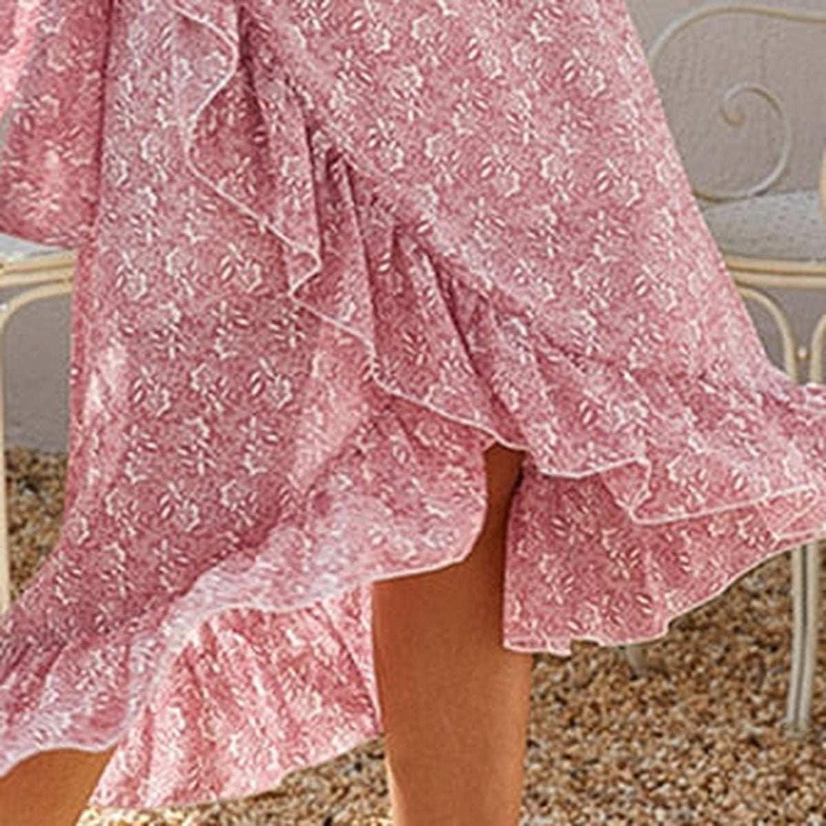 Close-up of the small floral print on powder pink