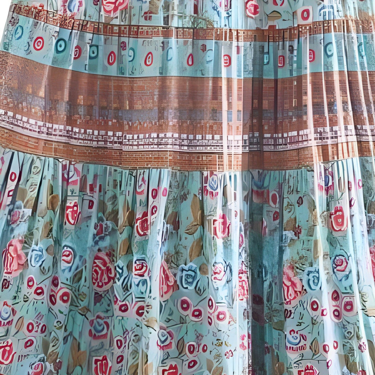 Close-up of turquoise floral print and woven border