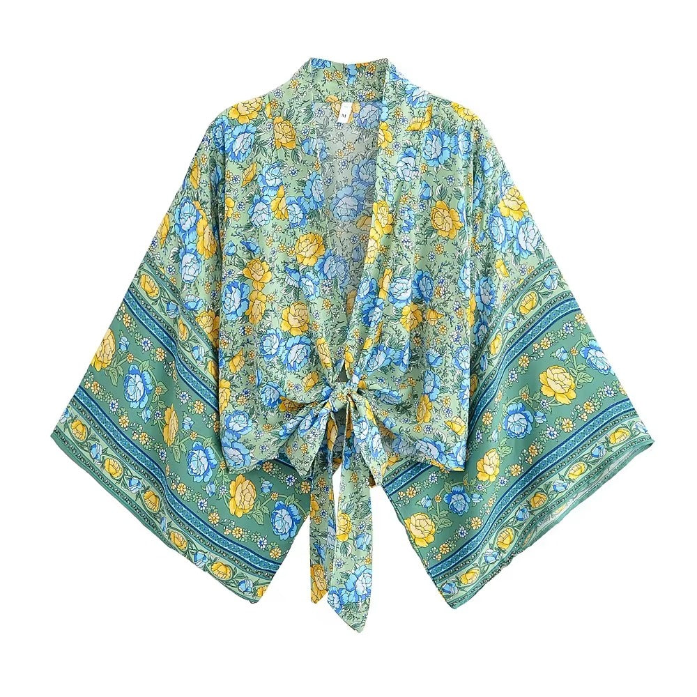 Cropped Tie-Front Boho Kimono