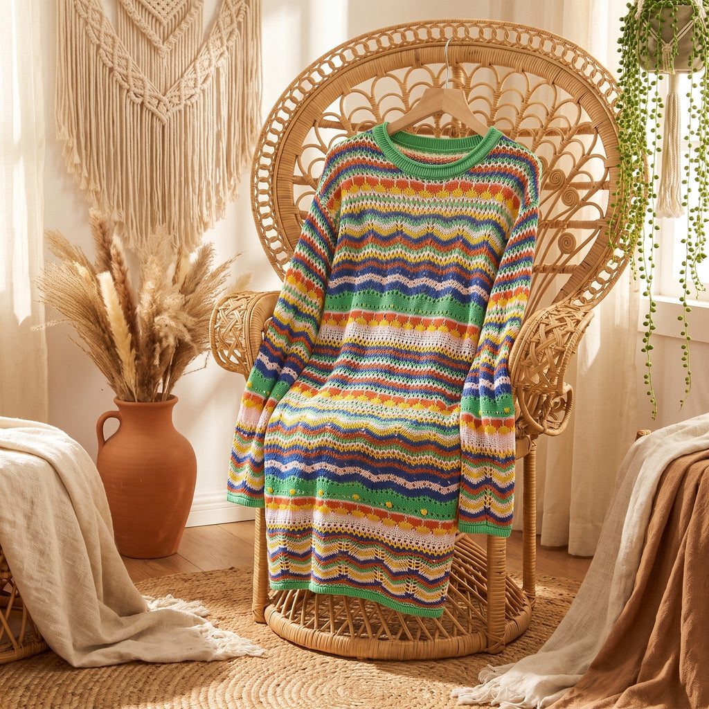 Multicolor crochet knit sweater dress in a boho setting