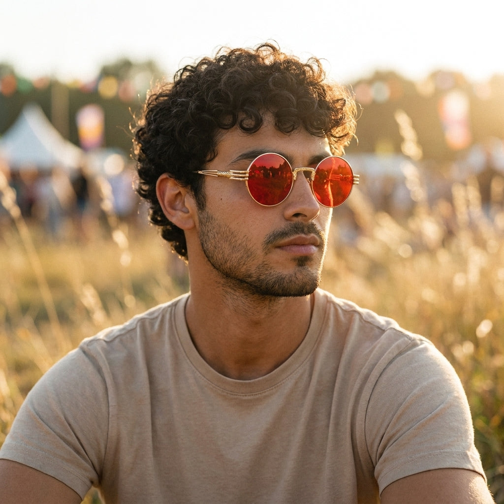 Man wearing round hippie sunglasses with red lenses at a festival