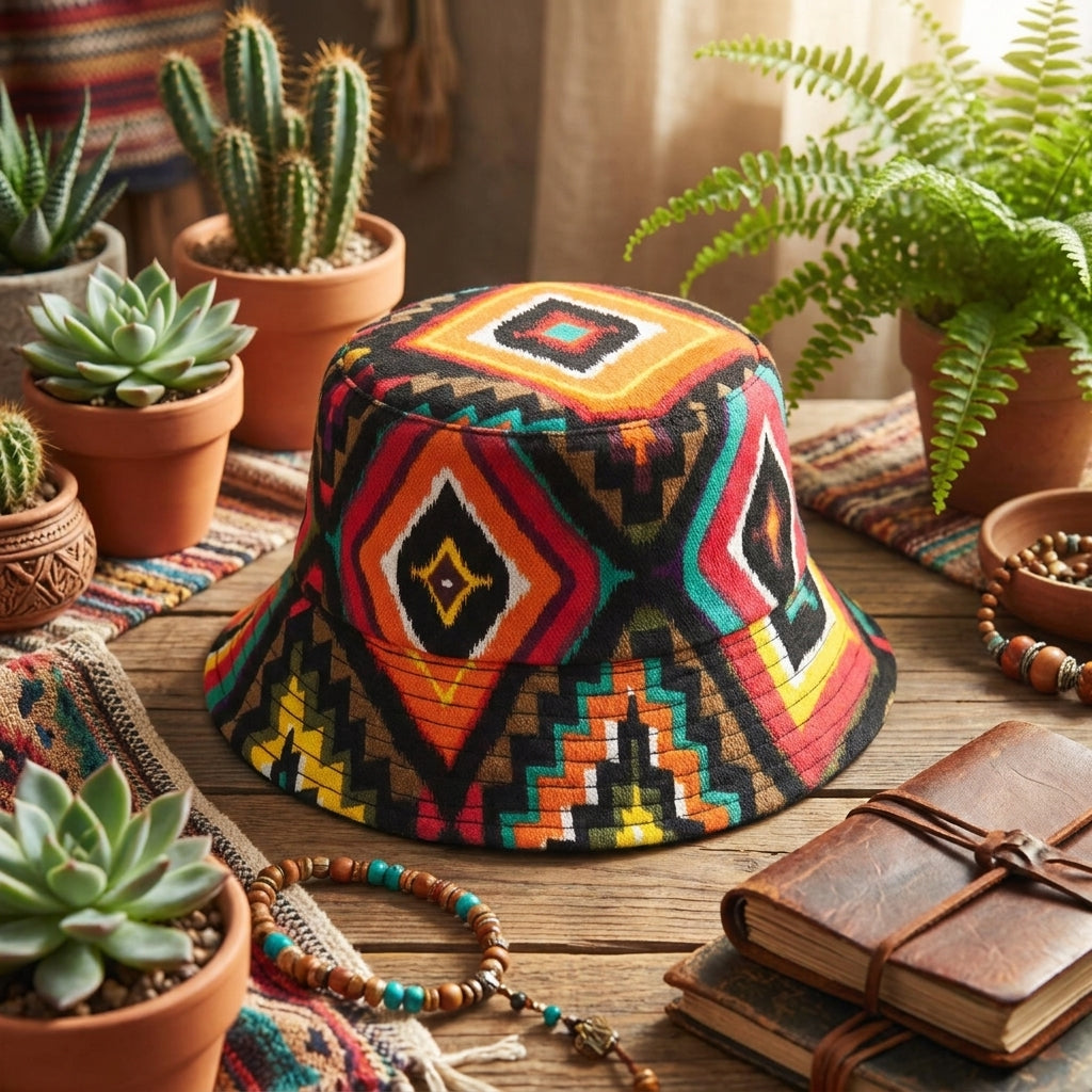 Boho bucket hat til mænd med aztekisk print i boho-ramme