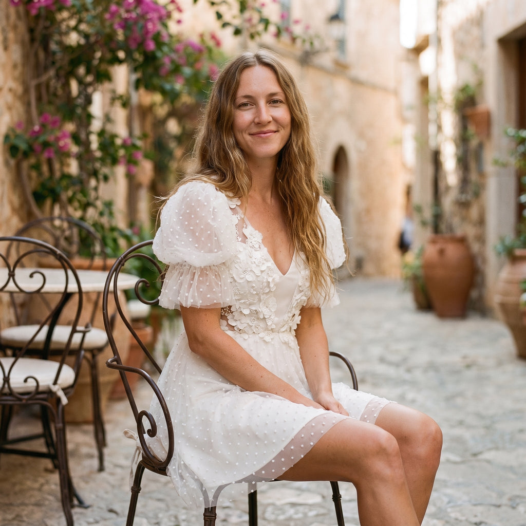 Smiling model seated in the short boho bridal dress on a terrace