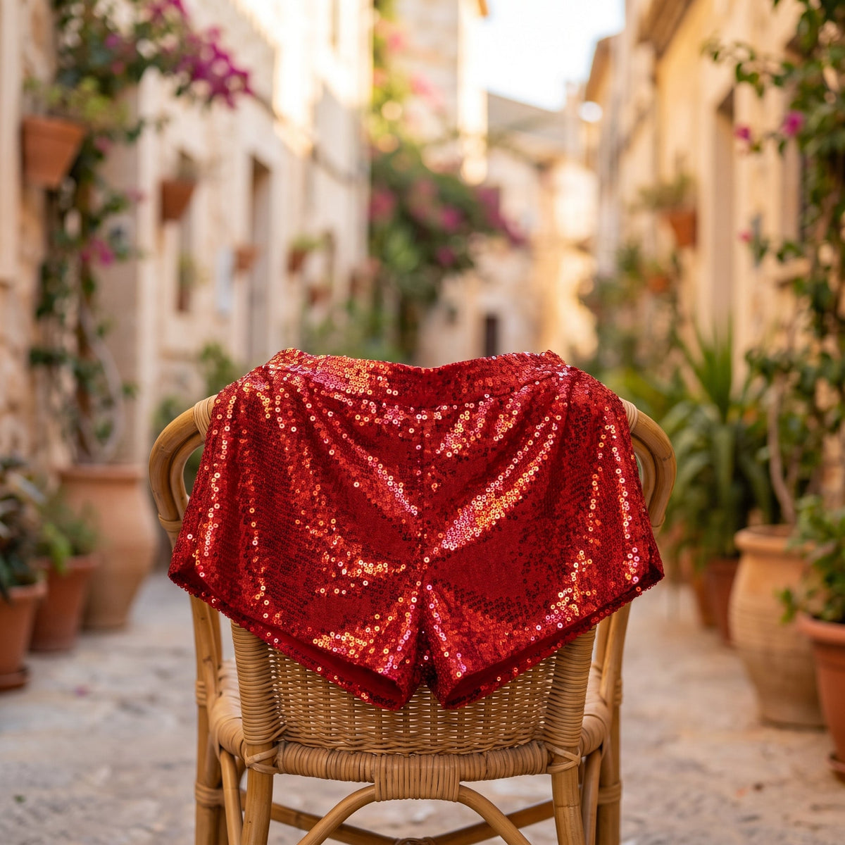 Rote Pailletten-Shorts über einem Rattanstuhl auf sonniger Terrasse