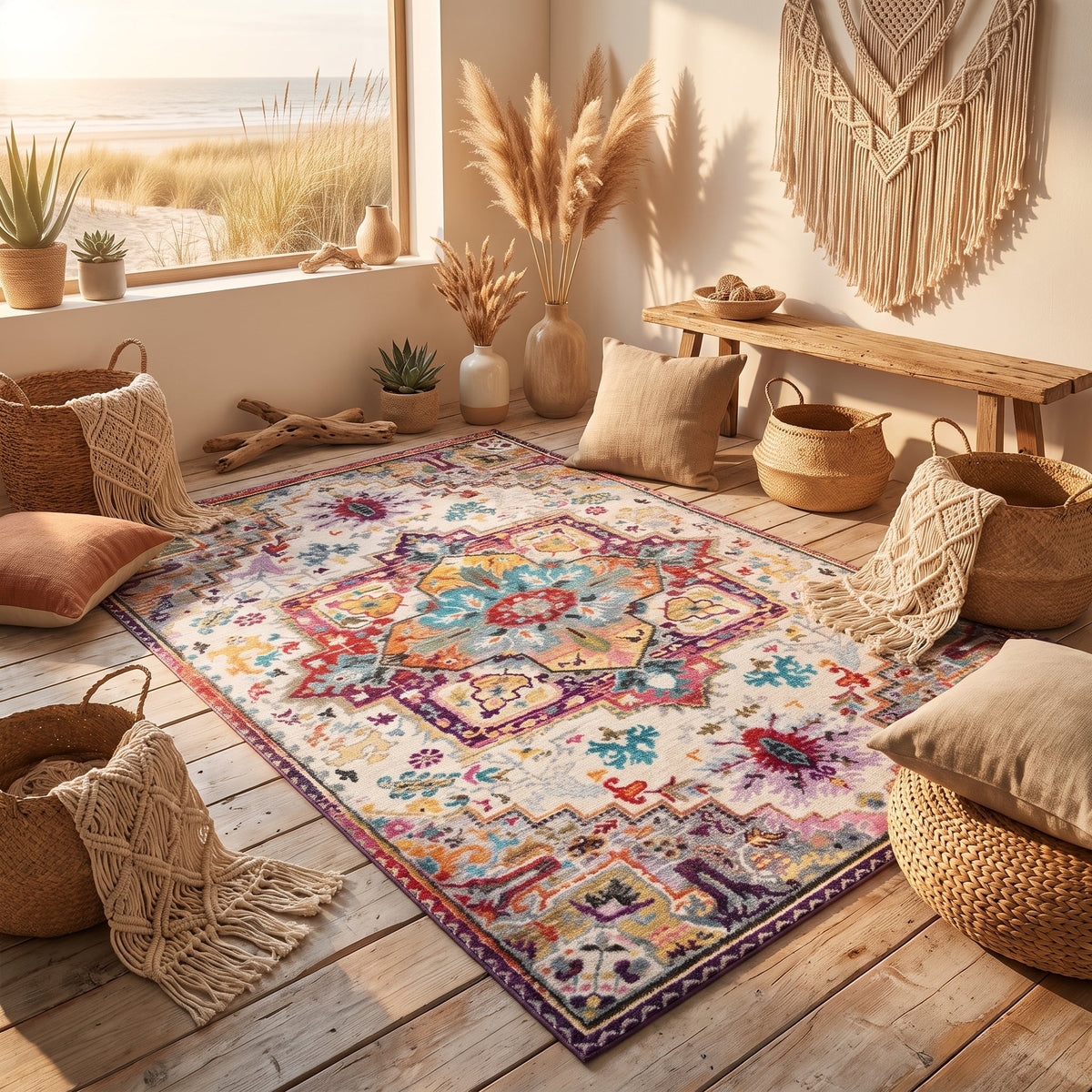 Boho patterned rug in a warm, lived-in interior corner