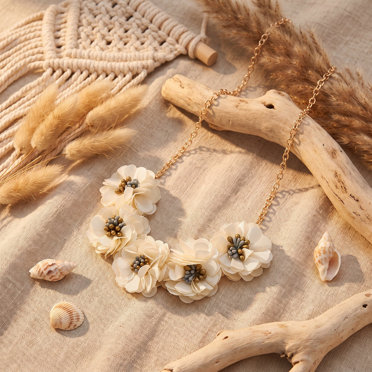Flower pendant necklace shown in a boho lifestyle setting