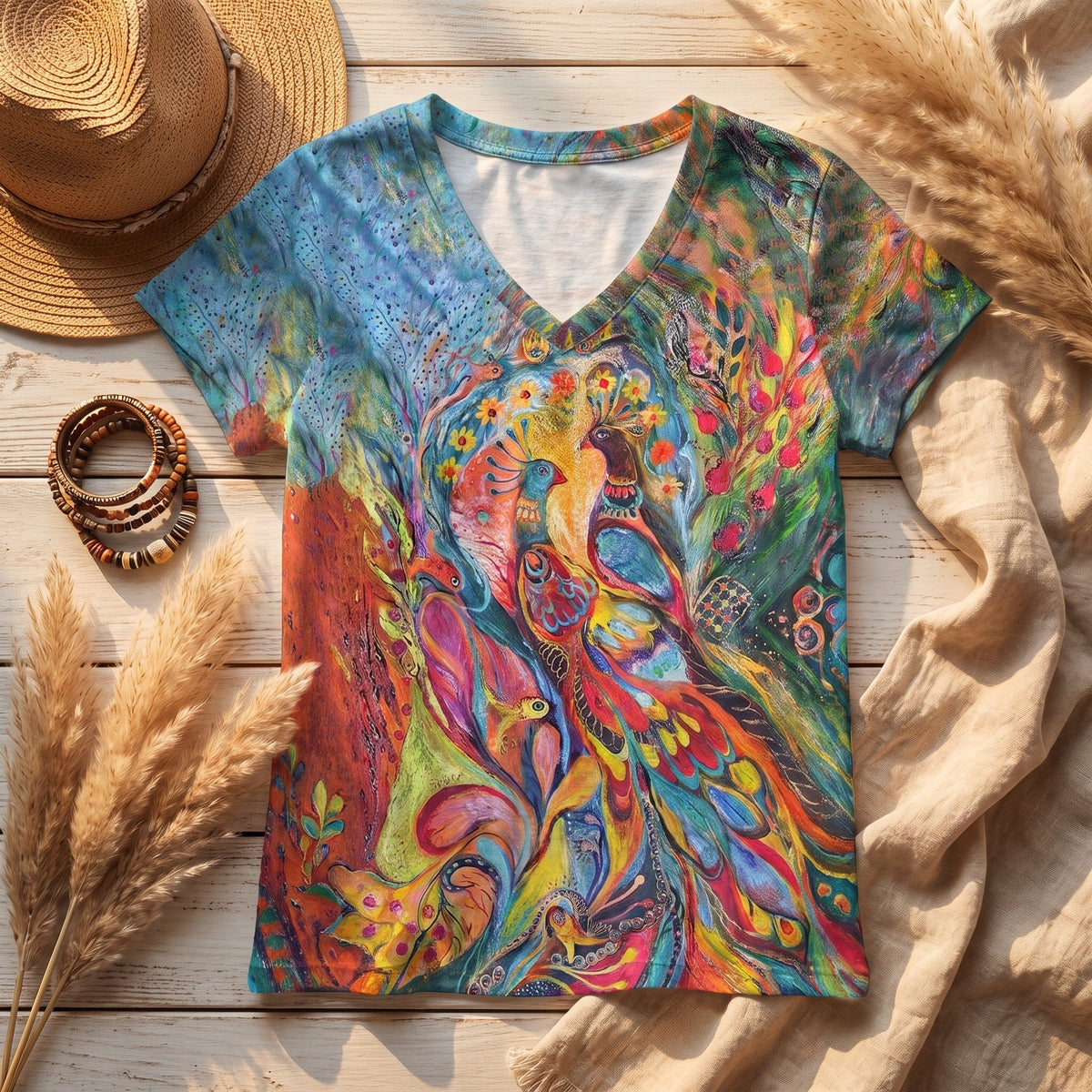 T-shirt met geschilderde print van pauw en bloemen, gestyled op licht hout