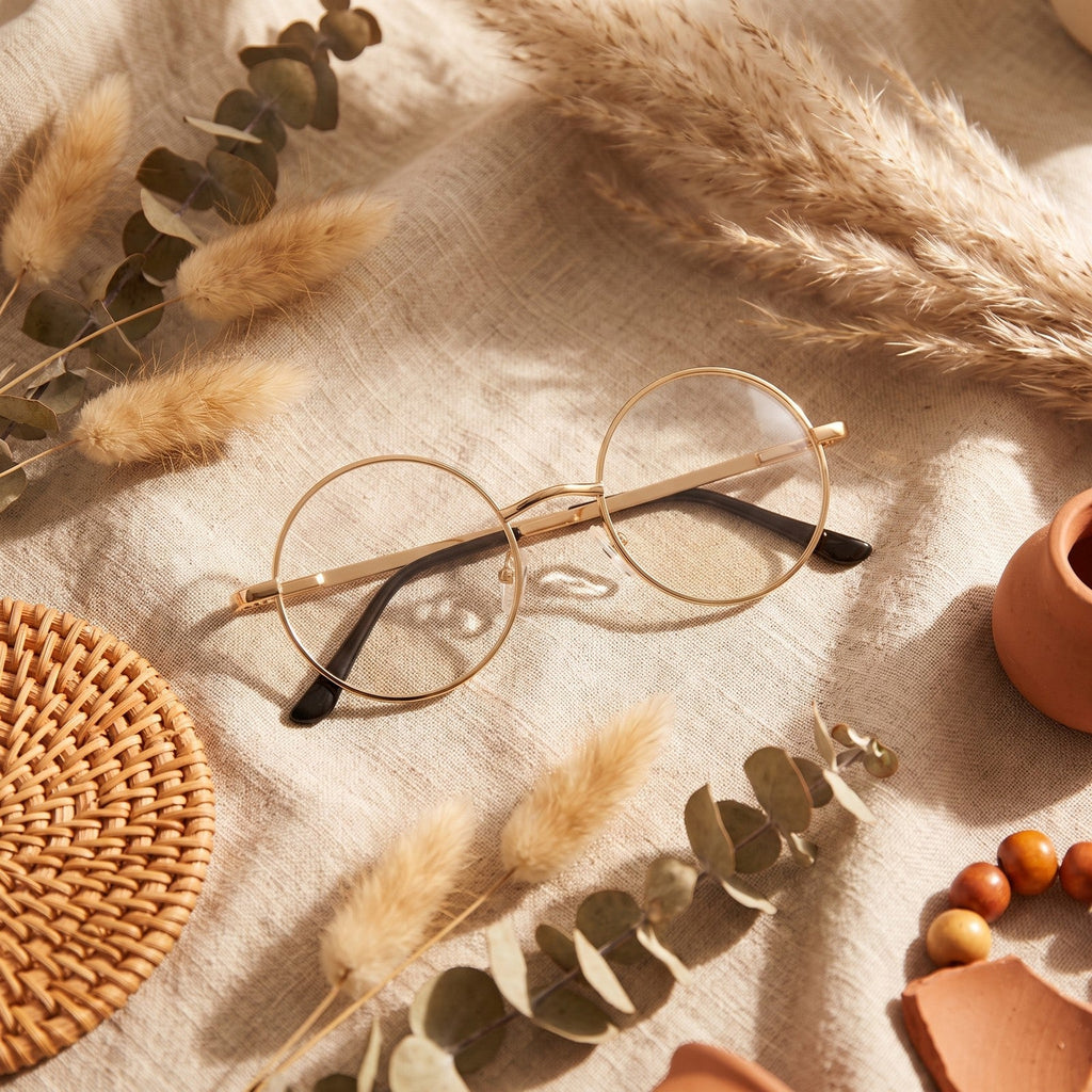 Runde goldene John Lennon Sonnenbrille in natürlicher Boho-Szenerie
