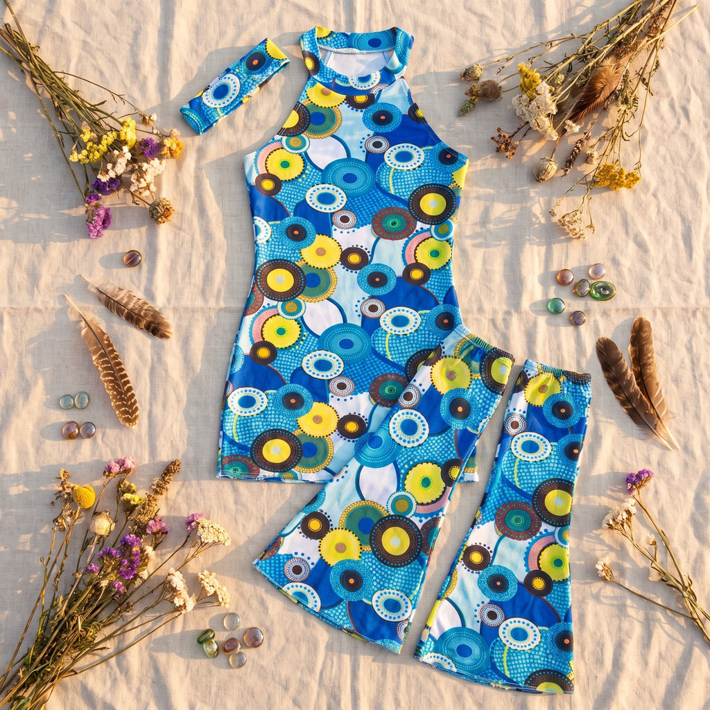 Blåt 60'er hippie kostume stylet i festomgivelser
