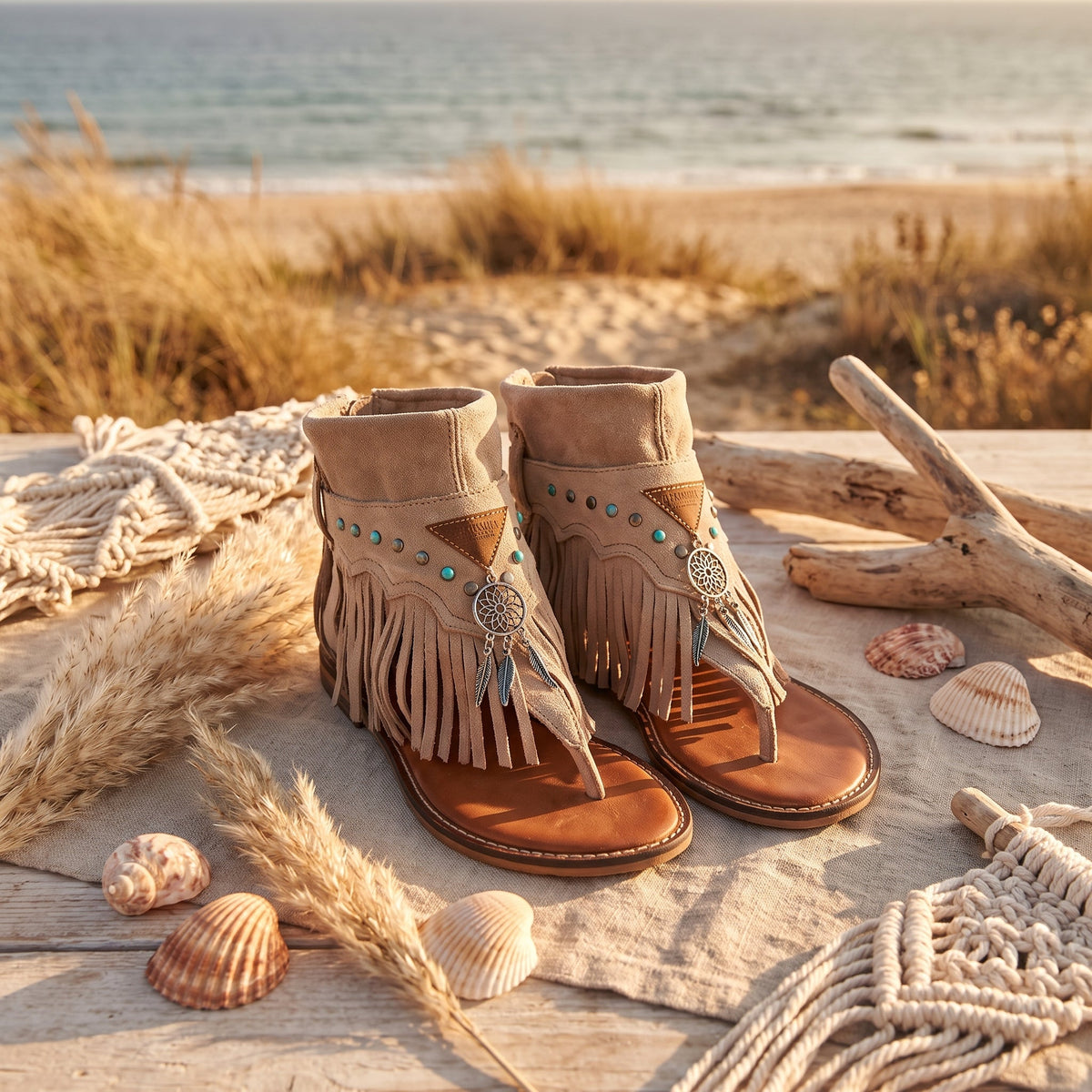 Beige fringe sandals styled in a summer festival setting