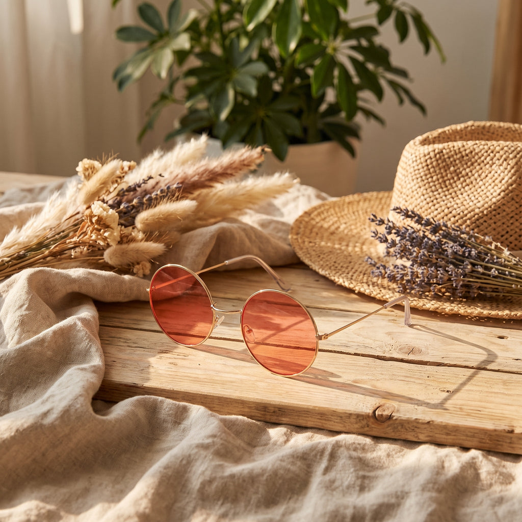 Runde Sonnenbrille mit Goldrahmen in sonniger Umgebung im Freien