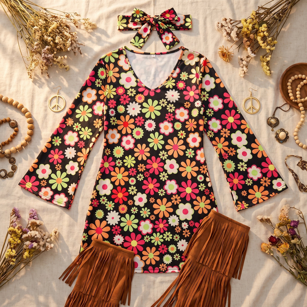 Floral hippie costume styled for a seventies themed party