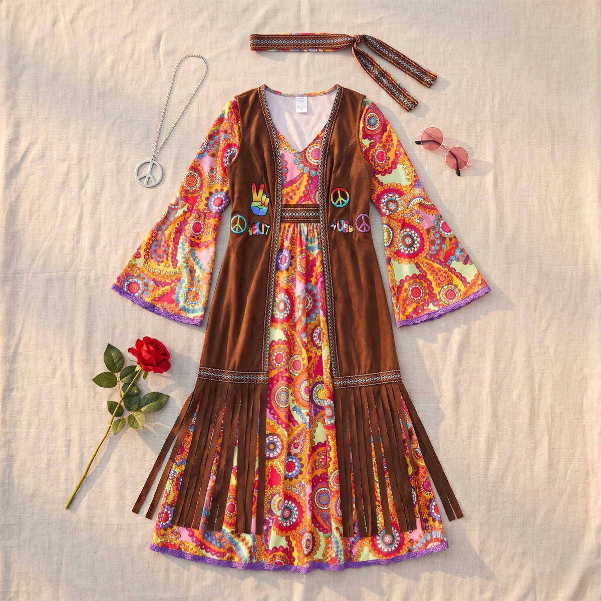 Psychedelic orange, pink and purple dress in a lifestyle setting