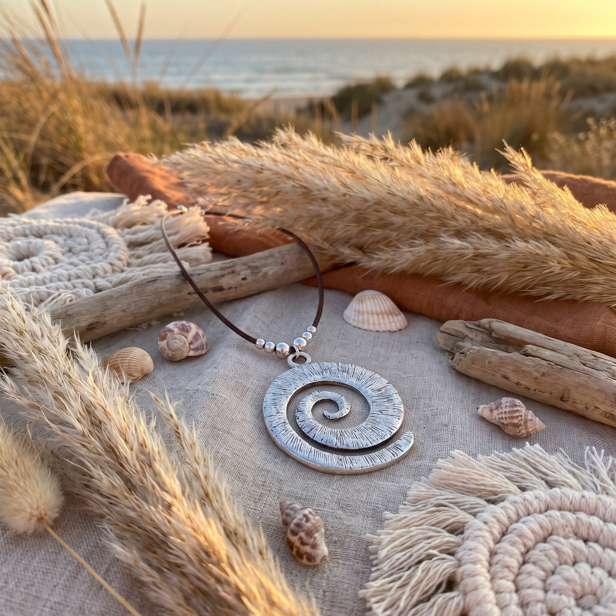 Steel pendant necklace in a boho lifestyle setting