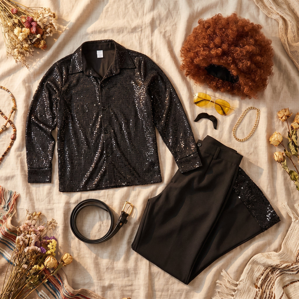 Full disco costume with afro wig, mustache and tinted glasses