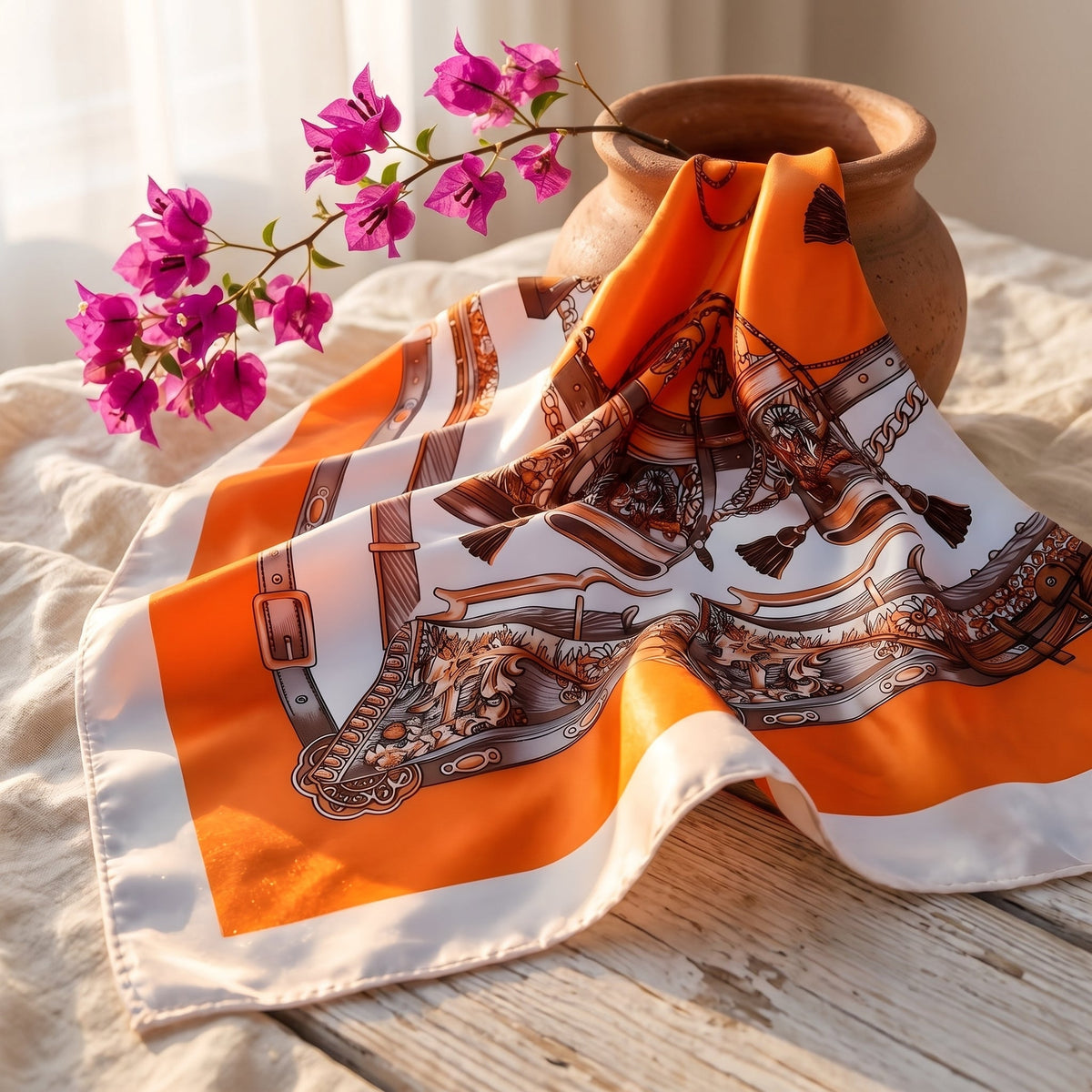 Orange baroque satin scarf draped on light linen with terracotta pot