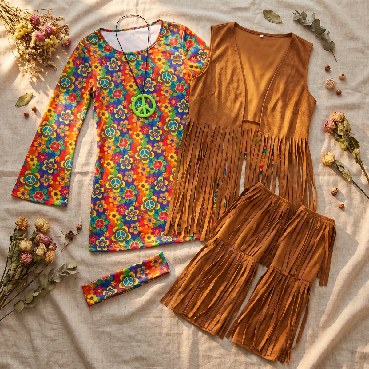 Orange fringe vest and leg warmers worn in a lifestyle setting